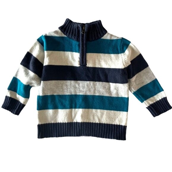 OSH KOSH Boys 1/4 Zip Pullover Knit Striped Sweater Navy Blue Size12 months - Picture 1 of 5